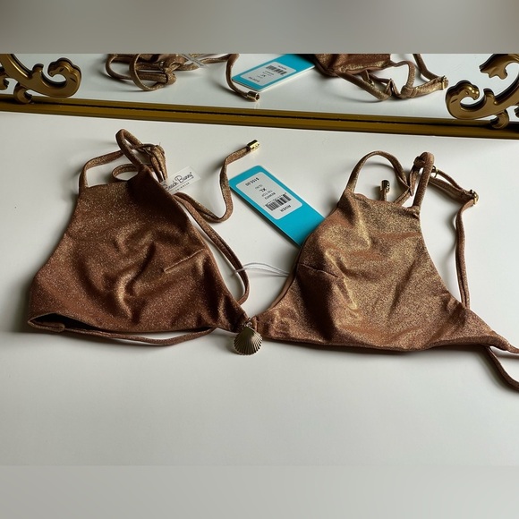 BEACH BUNNY RIVER TRI-RIVER Shimmering Brown Gold Bikini Top With Gold Charm - Picture 4 of 11